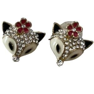 Whimsical Fox Head Earrings With Enamel Paint and Rhinestones